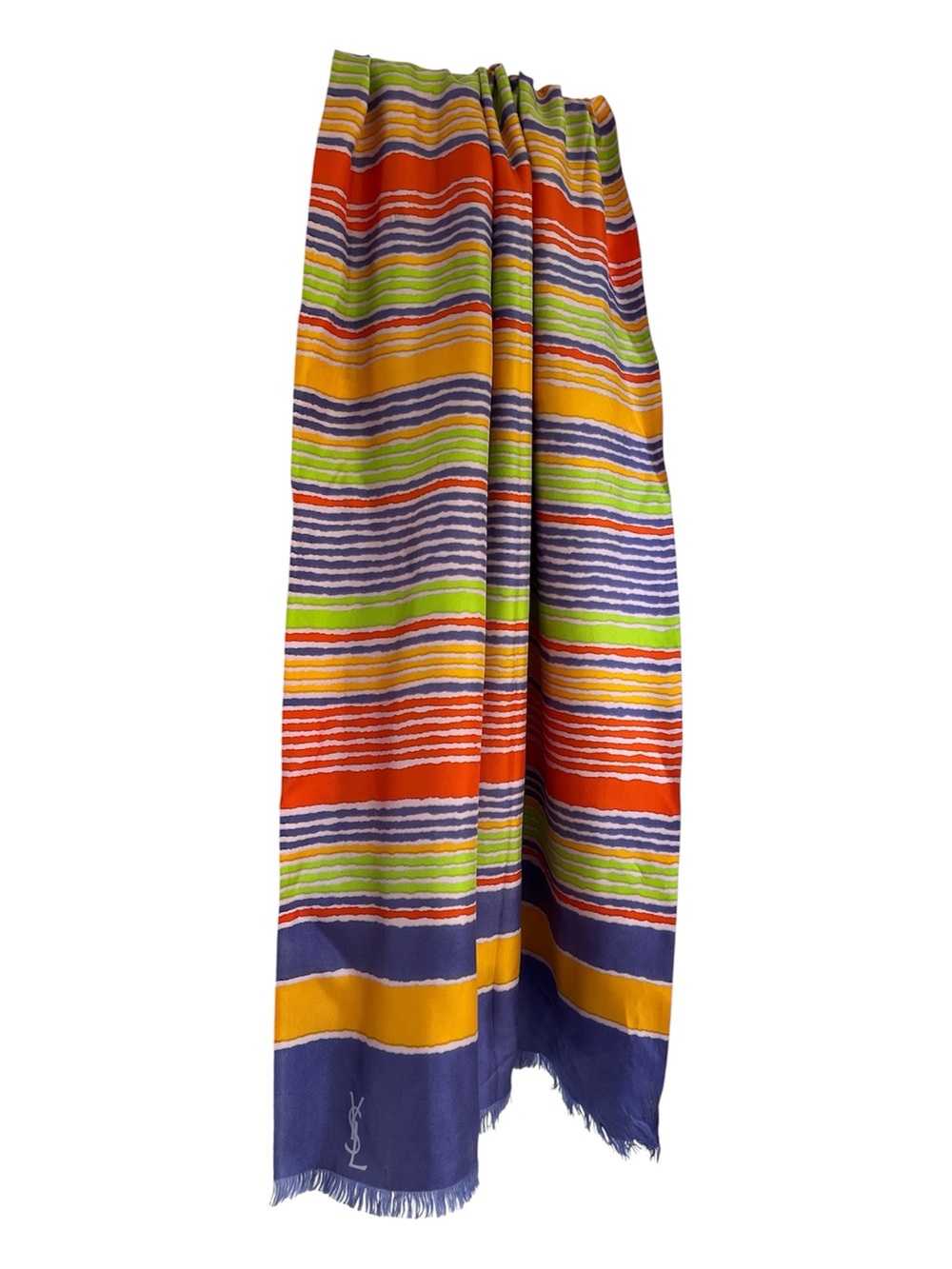 YSL Multicolor Striped Vintage Silk Scarf Green Orange Purple - FLAWED